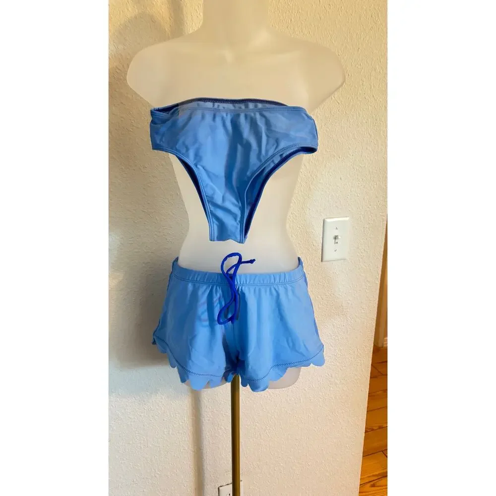 Shein Scalloped Royal Blue 3 piece bikini swimsuit shorts & top sz XS